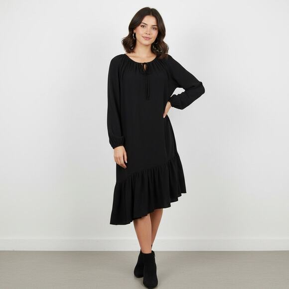 Jill Stuart Black Silk Asymmetrical Drop Waist Long Sleeve Peasant Dress Sz 0 - Picture 1 of 10